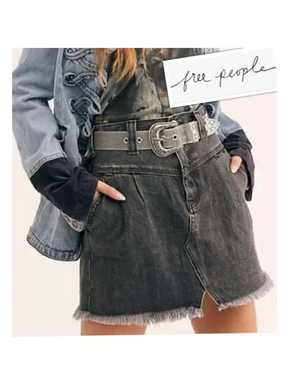 Free People Y2K Boho Western Mini Skirt- Sidecar Distressed Black Denim size 25